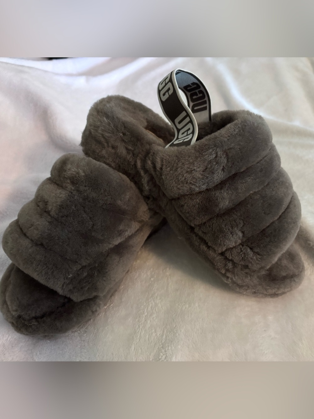 UGG Plush Fur Slide Slippers in Charcoal